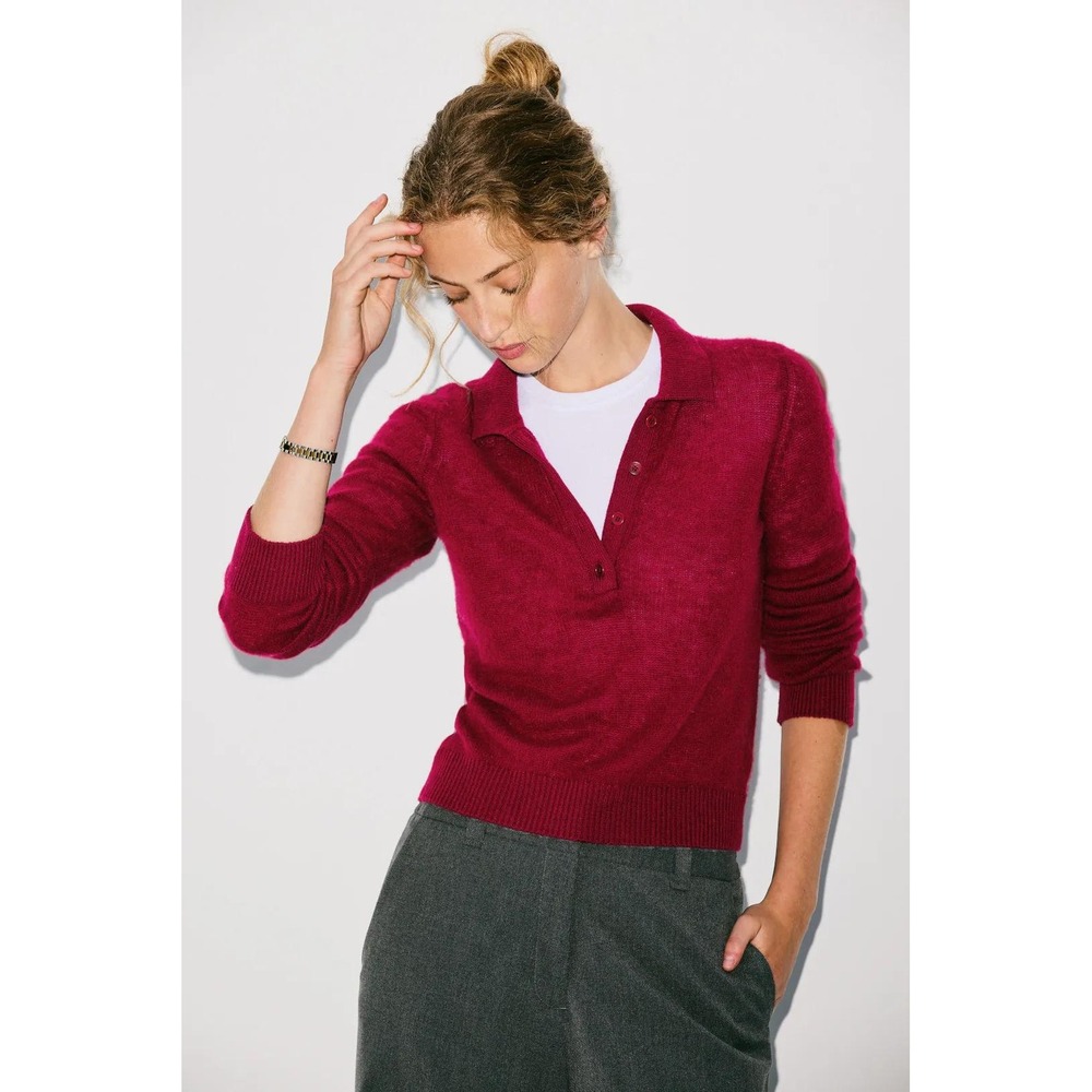 Naadam The Collection Womens Polo Sweater Berry Red Long Sleeve Knit Size L